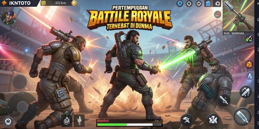 Screenshot gameplay menampilkan aksi seru dalam pertandingan Battle Royale.